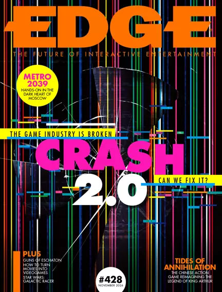 Edge magazine forside #428 november 2026 – Crash 2.0: The Game Industry is Broken, Can We Fix It? Farverig glitch-illustration med neonfarvede striber og Metro 2039