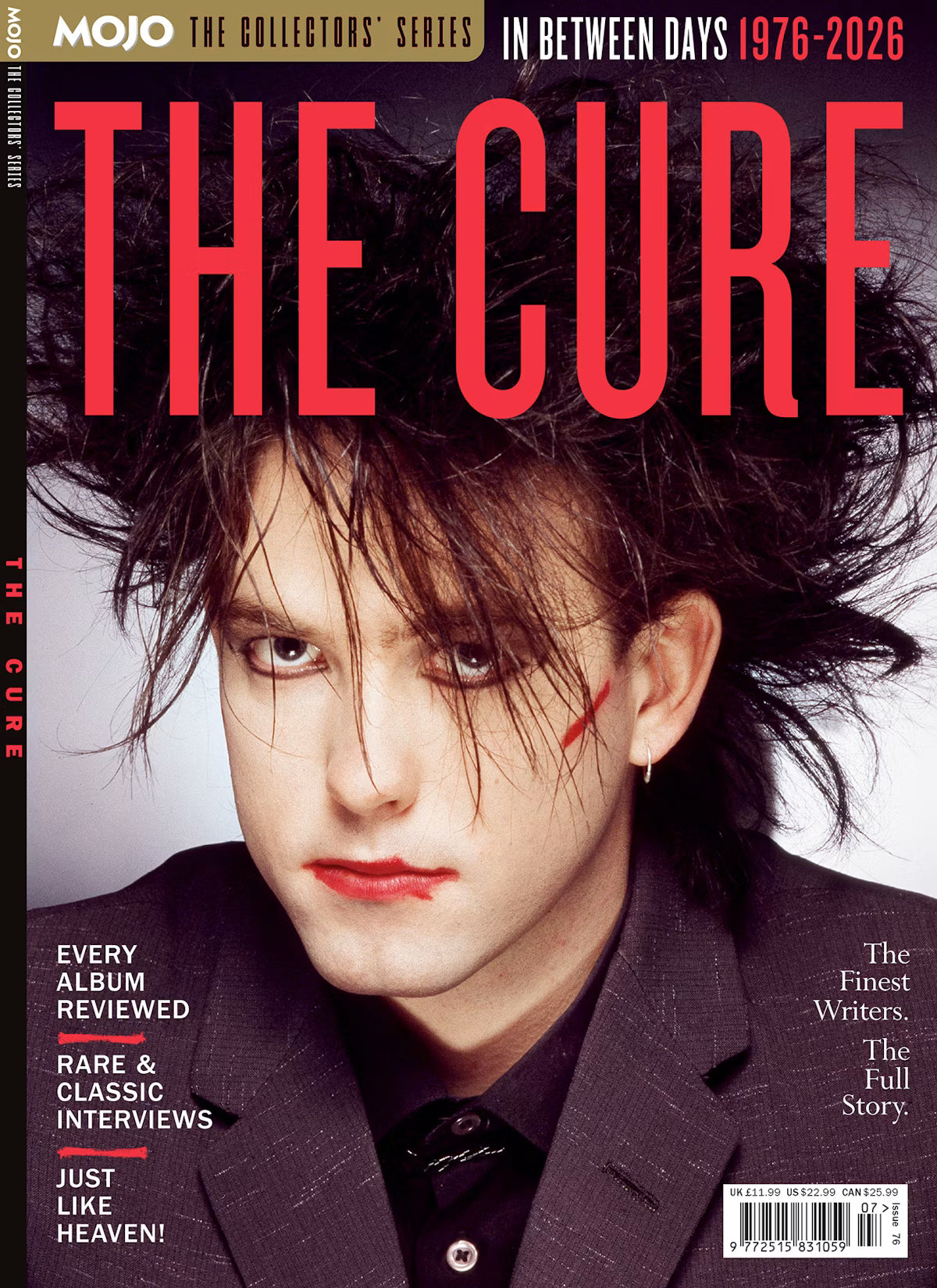 MOJO The Collectors' Series forside – The Cure: In Between Days 1976-2026, Robert Smith med vild mørk frisure og rød læbestift, every album reviewed