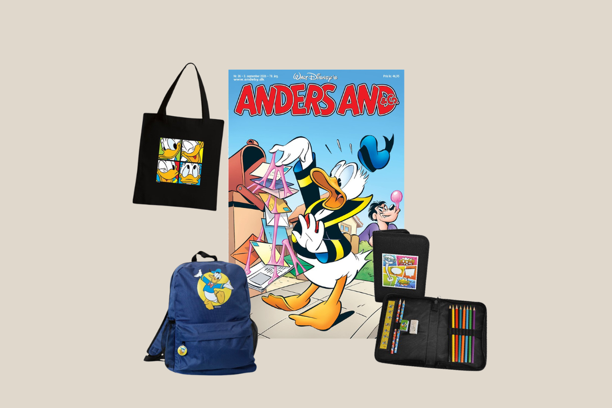Anders And & Co. kollektion med blå rygsæk, sort tote bag, penalhus med farvestifter og bladet Anders And & Co. – Disney merchandise til børn