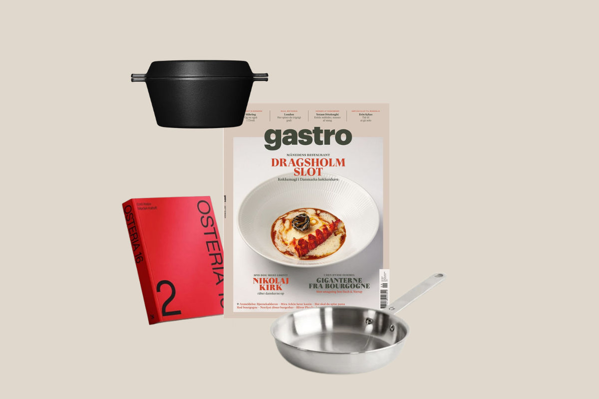 Gastro magasin med Morsø støbejernsgryde med låg, Gastrotools stegepande 24 cm og kogebogen Osteria No. 2