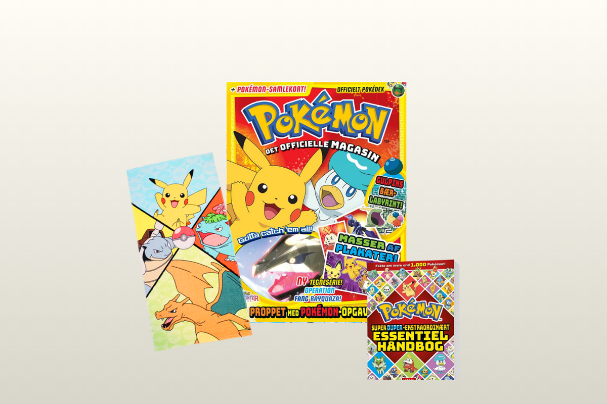 Pokémon Det Officielle Magasin – forsideblad med Pikachu og Quaxly, medfølgende Pokémon-samlekort og Pokémon Super Duper Ekstraordinær Essentiel Håndbog