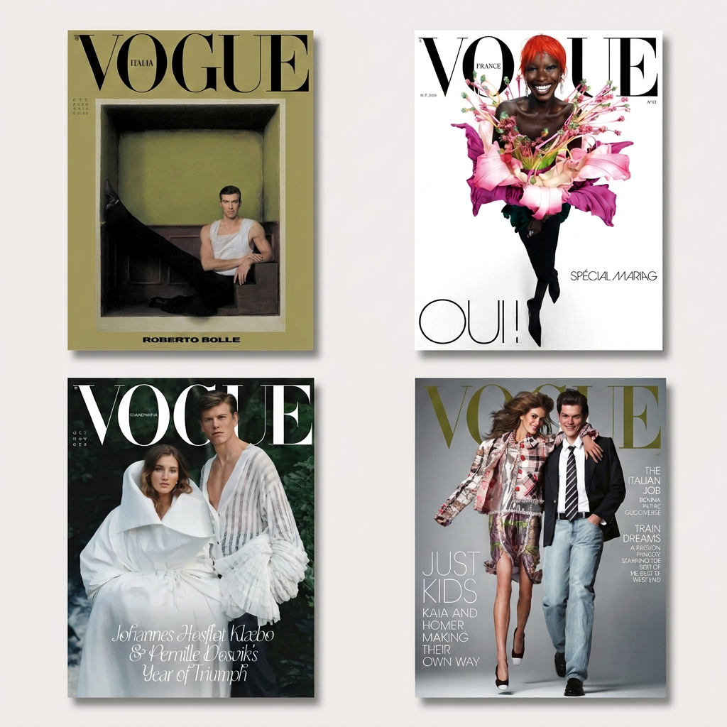 Fire Vogue-forsider fra Italia, France, Scandinavia og USA samlet på en lys baggrund.