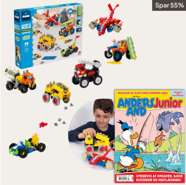 Plus-Plus Learn to Build Vehicles byggesæt med forskellige køretøjer og en dreng der bygger, samt forsiden af Anders And Junior