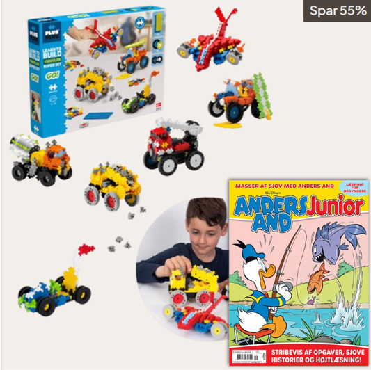 Plus-Plus Learn to Build Vehicles byggesæt med forskellige køretøjer og en dreng der bygger, samt forsiden af Anders And Junior
