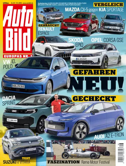 Forside af Auto Bild med flere biler, blandt andet VW ID. Polo, Škoda Epiq og Audi A2 e-tron, samt overskriften »Gefahren neu gecheckt«.