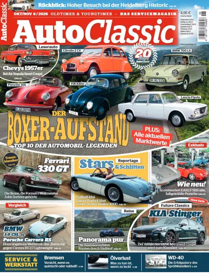 AutoClassic nr. 6/2026 med klassiske biler på forsiden, blandt andet Citroën 2CV, VW Käfer og Porsche 356, samt overskriften “Der Boxer-Aufstand”