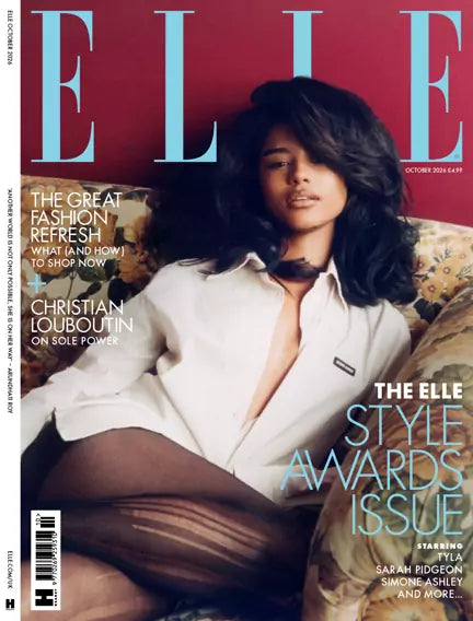 ELLE UK forside oktober 2026 – Tyla i hvid skjorte på sofa, The Elle Style Awards Issue