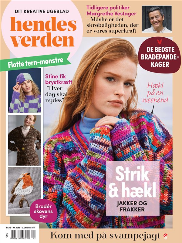 Forside af Hendes Verden med en model i en farverig hæklet jakke og temaer om strik og hækling, ternmønstre, broderi og bradepandekager.