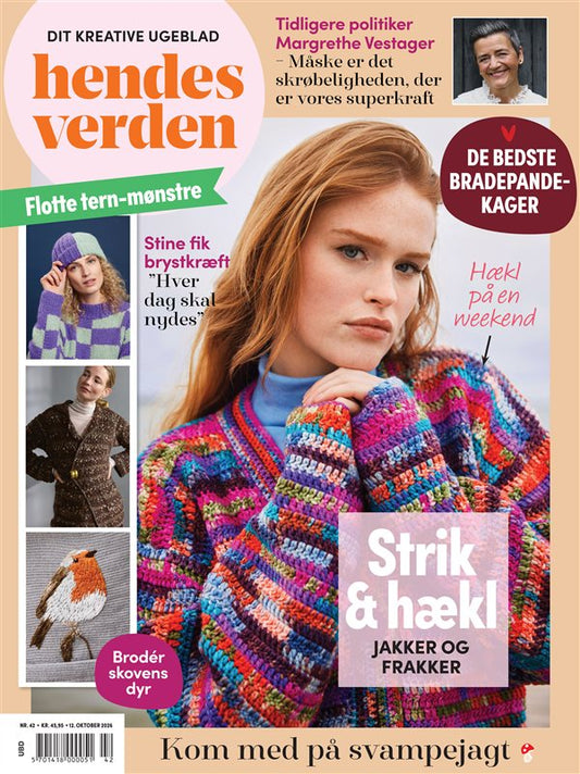 Forside af Hendes Verden med en model i en farverig hæklet jakke og temaer om strik og hækling, ternmønstre, broderi og bradepandekager.