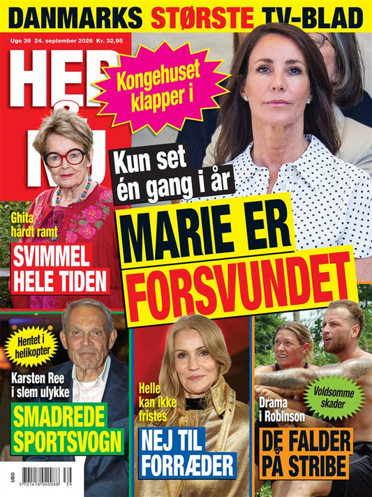 Forside af ugebladet HER & NU, uge 39, 2026, med fotos af dronning Mary og andre kendte samt overskriften “Marie er forsvundet”.