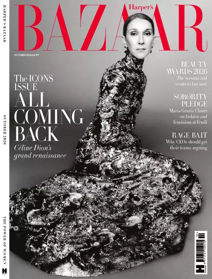 Harper's Bazaar UK forside oktober 2026 – The Icons Issue: Céline Dion i sølv metallisk kjole, All Coming Back, grand renaissance"