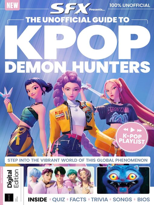 SFX-fanbook The Unofficial Guide to KPop Demon Hunters med tre animerede hovedfigurer på blå og lilla baggrund.