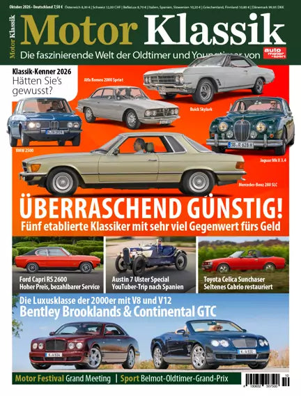 Forside af Motor Klassik med flere klassiske biler på orange baggrund. Hovedhistorien handler om fem etablerede klassikere, der giver meget bil for pengene. Nederst vises Bentley Brooklands og Continental GTC.