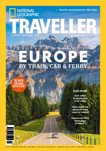 Forsiden af National Geographic Traveller med temaet Europa med tog, bil og færge og en vej gennem et bjerglandskab.