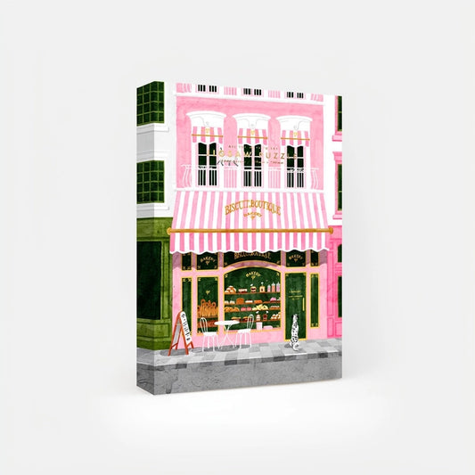 Pink Bakery-puslespil fra All the Ways to Say med motiv af et rosa fransk bageri