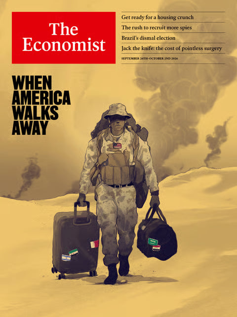 Forside af The Economist nr. 39, 2026 med overskriften “When America walks away” og en person i ørkenlandskab med kufferter og tasker.