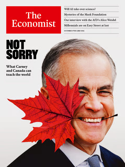 The Economist nr. 42 med overskriften “Not Sorry” og Mark Carney med et rødt ahornblad foran ansigtet.