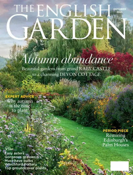 The English Garden oktober 2026, forside med et farverigt efterårsbed, en græssti og overskriften "Autumn abundance"