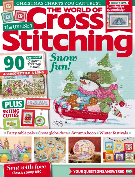 The World of Cross Stitching, juleudgave med forside med et korssting-motiv af en snemand på slæde med honningkagemænd og overskriften "Snow fun!"