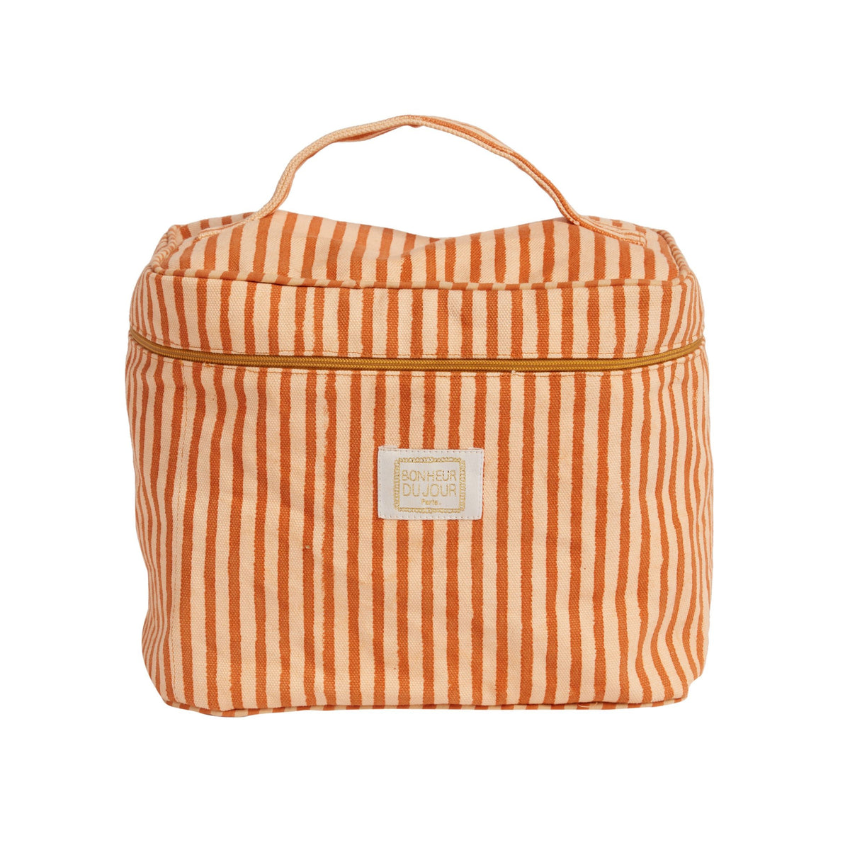 Bonheur du Jour Vitamin Stripes toilettaske i terracotta og creme på hvid baggrund
