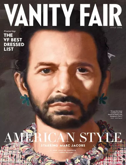 Vanity Fair Style 2026 forside med Marc Jacobs – American Style. Illustreret portræt af Marc Jacobs med farverige øreringe og blomstret jakke. The VF Best Dressed List