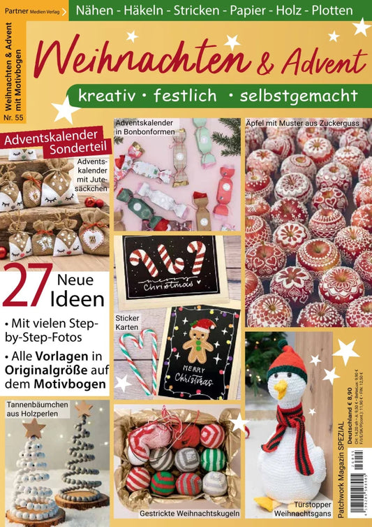 Forside af Weihnachten & Advent nr. 55 fra Patchwork Magazin med 27 kreative juleidéer, adventskalendere, strikkede julekugler og hjemmelavet julepynt.