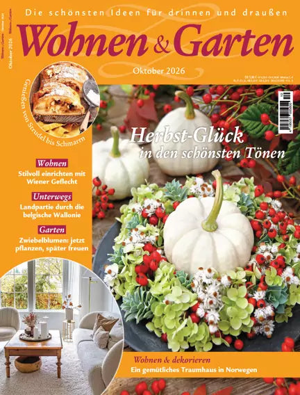 Wohnen & Garten oktober 2026, forside med hvide græskar i en efterårskrans af hortensia og røde bær og overskriften "Herbst-Glück in den schönsten Tönen"