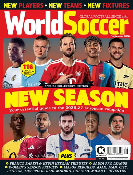 World Soccer magazine – september 2026, Special Collector's Edition. New Season: din guide til den europæiske 2026-27-sæson. Forside med Kane, Bellingham, Haaland og flere stjerner. Indhold: Baresi & Keegan tributes, Saudi Pro League, kvindesæson og store rebuilds hos Ajax, Man City, Liverpool og Juventus
