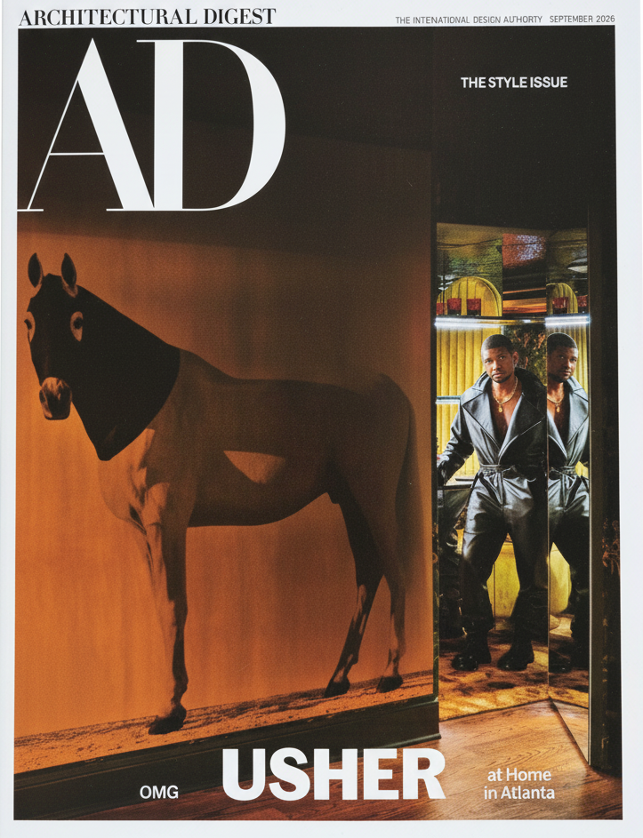 AD Architectural Digest forside september 2026 – Usher i sort læderjakke i spejlet dør med mørk hest på orange baggrund, The Style Issue