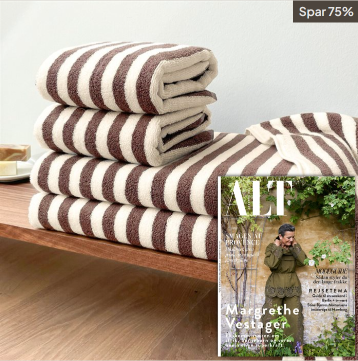 Sekan håndklædepakke i 100% økologisk bomuld med smukke striber – 2 håndklæder i 40x70 cm og 2 badehåndklæder i 70x130 cm – velkomstgave ved ALT for damerne abonnement