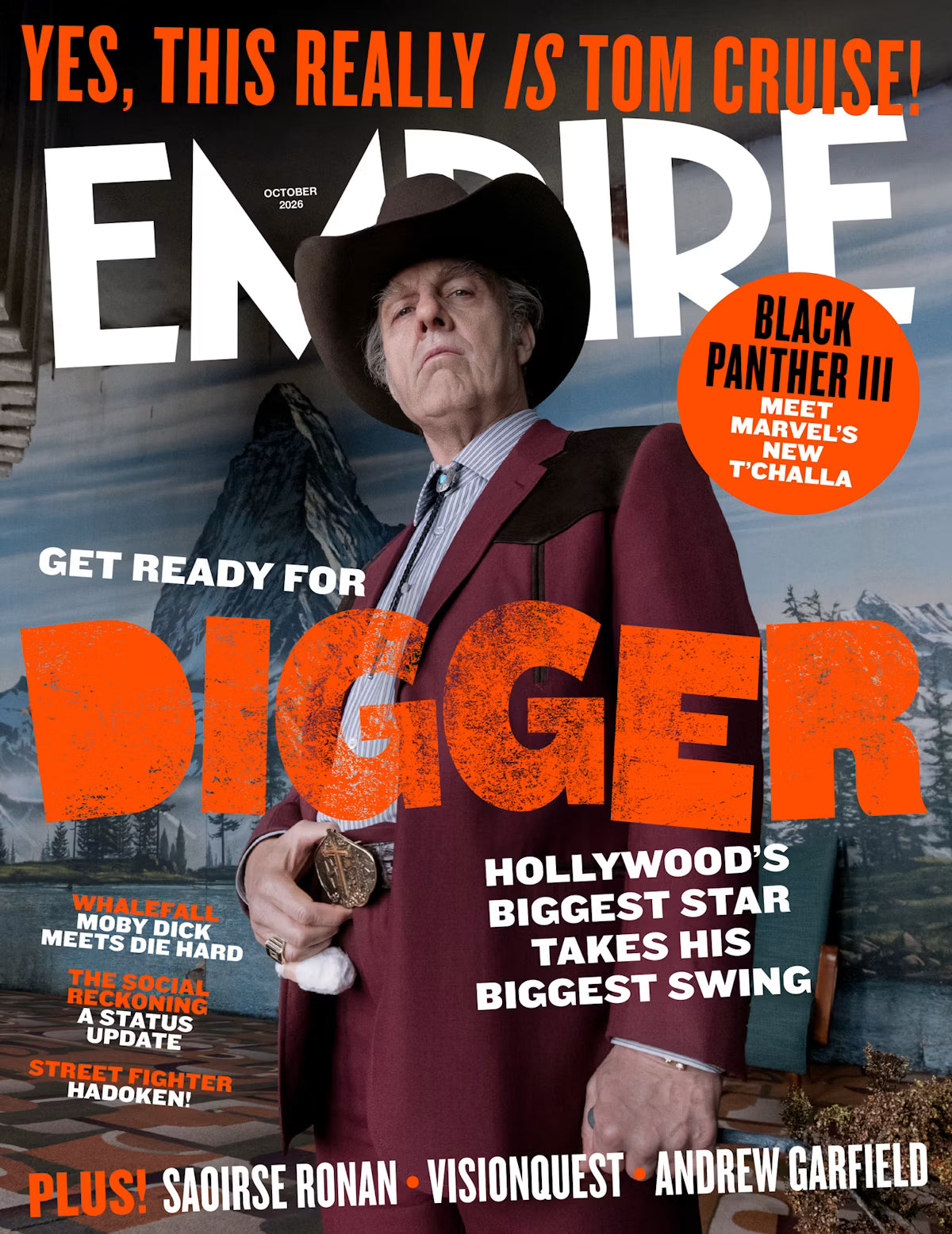 Empire oktober 2026 – Tom Cruise på forsiden som karakteren Digger med teksten "Yes, this really IS Tom Cruise!" og "Hollywood's biggest star takes his biggest swing