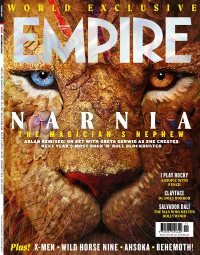 Empire-forside med nærbillede af Aslan med ét blåt og ét ravfarvet øje samt temaet Narnia: The Magician’s Nephew.