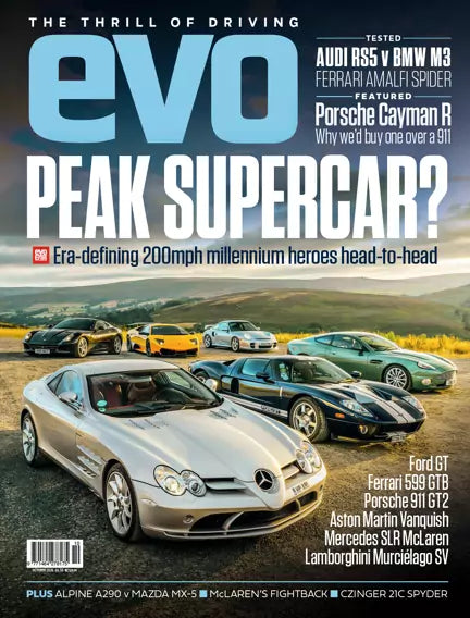 evo magazine forside – Peak Supercar? Ford GT, Ferrari 599 GTB, Porsche 911 GT2, Aston Martin Vanquish, Mercedes SLR McLaren og Lamborghini Murciélago SV head-to-head