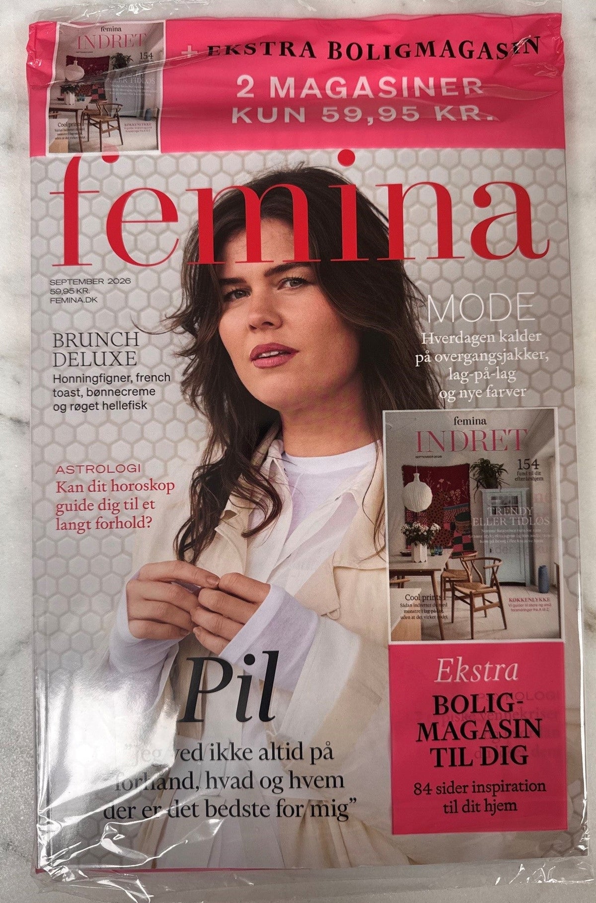 Forsiden af Femina september 2026 med ekstra boligmagasin Femina Indret – dansk kvindemagasin om mode, livsstil og astrologi
