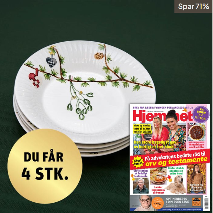 Fire Kähler Hammershøi Christmas dybe tallerkener med julemotiver og Hjemmet ugeblad, velkomstgave ved abonnement på 26 numre.