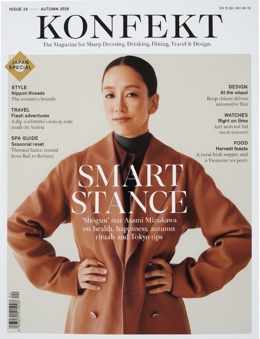 Konfekt magazine Issue 24 Autumn 2026 – Japan Special, Asami Mizukawa i brun læderjakke, Smart Stance
