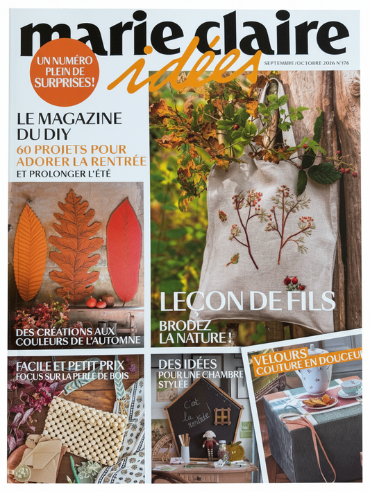 Marie Claire Idées forside september/oktober 2026 nr. 126 – broderi, efterårsblade og DIY-projekter, Leçon de Fils Brodez la nature