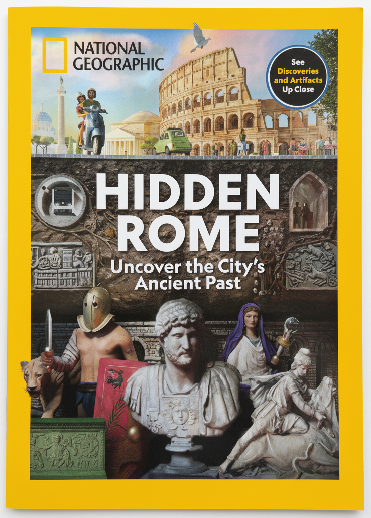 National Geographic Collector's Edition – Hidden Rome: Uncover the City's Ancient Past, gul forside med Colosseum, romerske statuer og gladiato