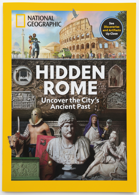 National Geographic Collector's Edition – Hidden Rome: Uncover the City's Ancient Past, gul forside med Colosseum, romerske statuer og gladiato