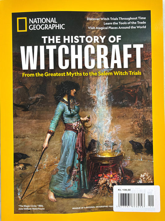 National Geographic The History of Witchcraft med gul ramme og en illustration af en kvinde ved en dampende gryde.