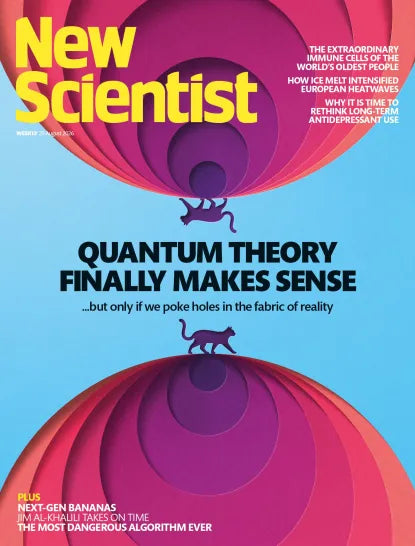 New Scientist magazine – "Quantum Theory Finally Makes Sense ...but only if we poke holes in the fabric of reality" – farverig forside med katte der klatrer på bølgeformede strukturer