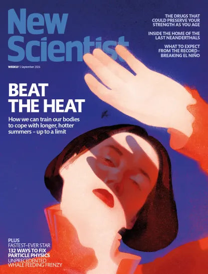 New Scientist forside 5. september 2026 – Beat the Heat: How we can train our bodies to cope with longer, hotter summers, illustration af kvinde der læner hovedet tilbage i blå varme