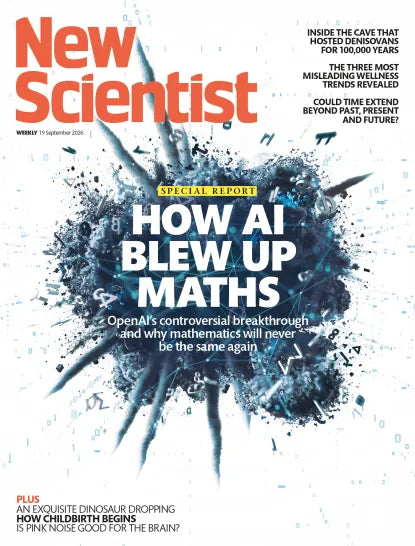 Forside af New Scientist nr. 38, 2026, med hovedhistorien “How AI Blew Up Maths” og en illustration af et mørkt, eksplosionslignende mønster med matematiske symboler.
