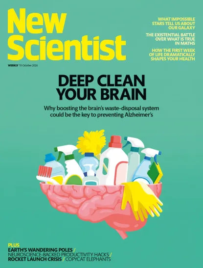 New Scientist nr. 41 – grøn forside med en illustreret hjerne fyldt med rengøringsmidler under overskriften “Deep Clean Your Brain”.