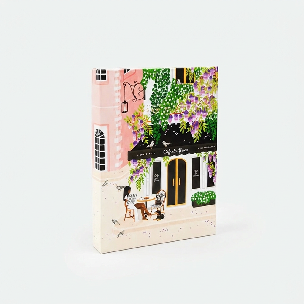 Paris-puslespil fra All the Ways to Say med motiv af en fransk café omgivet af grønne planter og lilla blomster.