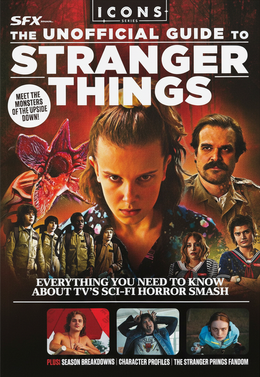 SFX Icons Series – The Unofficial Guide to Stranger Things, forside med Eleven, Chief Hopper og børnegænget, Mind Flayer-monster og rød dramatisk baggrund