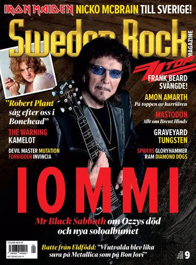  Forside af Sweden Rock Magazine med Tony Iommi i solbriller og med guitar. Hans navn står stort i rødt, og forsiden omtaler også Robert Plant, Frank Beard og Nicko McBrain.